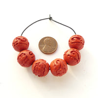 Cinnabar, New, Round Beads with Floral Design, 15mm Diameter, Sets of 6