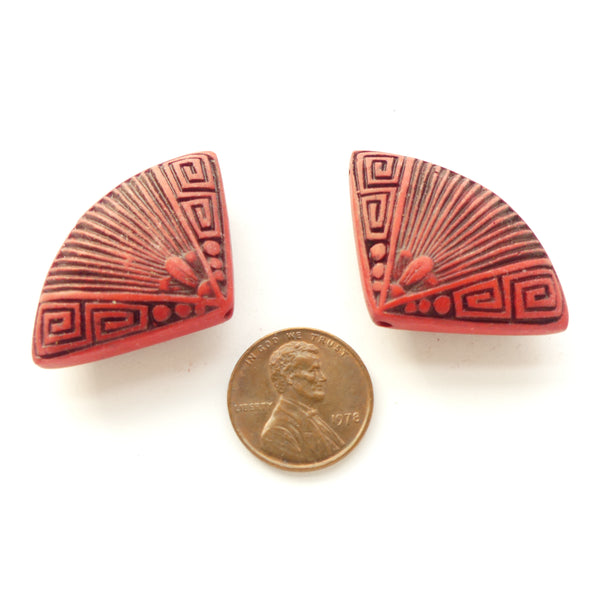 Cinnabar, New, Fan Shape Beads/Pendants with Black "Antiquing", 25x36, Sold by the Pair