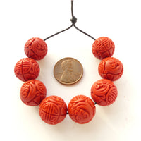 Cinnabar, New, Round Beads with Longevity Symbol & Dragons, 15mm, Sold by Sets of 8