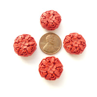 Cinnabar, New, Coin Shape with Floral Designs, 18mm Diameter, Sold in Sets of 4