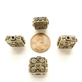 Himalayan Brass Beads, Square 15x15mm with Desings on Both Sides, Sold Individually