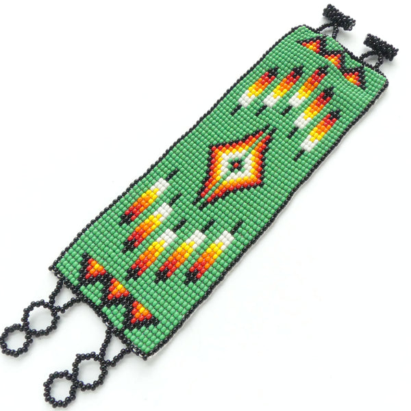 Wide Nativo Bracelets, Green with Feathers Design, 2" Wide, Adjustable lengths