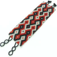 Wide Bead-Woven Bracelet, Silver-Lined Red & Crystal with Black, 2 inches wide