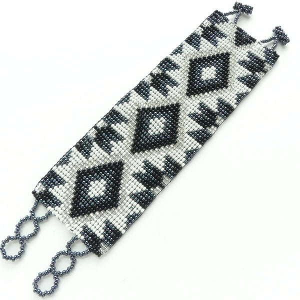 Wide Bead-Woven Bracelet, Black, White, Hematite and Silver, 2 inches wide