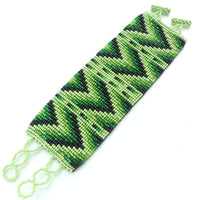 Wide Bead-Woven Bracelets, Zig-Zag Pattern in 3 Greens with Black Seed Beads, 2 inches wide