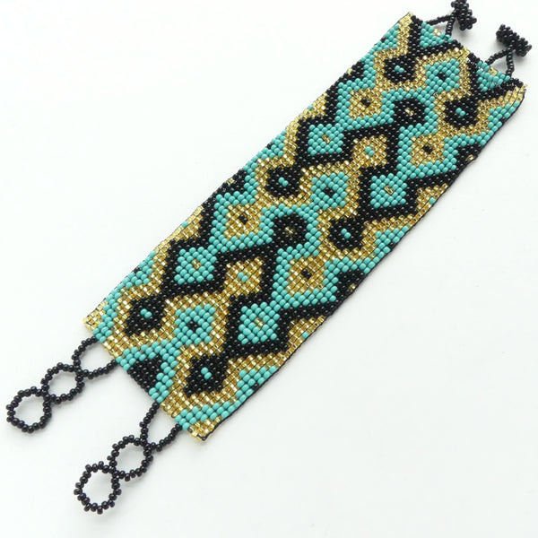Wide Bead-Woven Bracelet, Diamond Back Pattern in Gold, TQ & Black Seed Beads, 2" wide