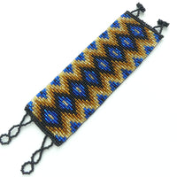 Wide Bead-Woven Bracelet, Diamonds in Blue, Gold & Black, 2 inches wide