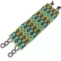 Wide Bead-Woven Bracelets, Silver-Lined Gold with Turquoise & Amethyst, 2 inches wide