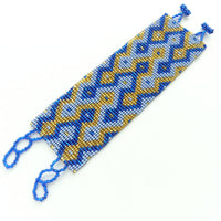 Wide Bead-Woven Bracelet, Diamondback Patterns in Blues & Gols Seed Beads, 2" wide