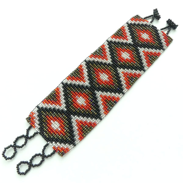 Wide Bead-Woven Bracelet,  Silver-Lined Red & Crystal with Black,  2 inches wide