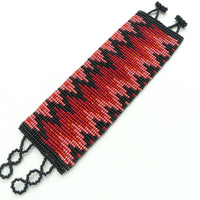 Wide Bead-Woven Bracelet, Three Reds with Black, 2 inches wide