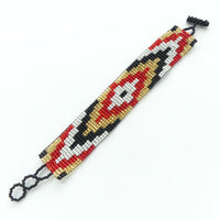 Medium Traditional Bracelet, Red, Gold, Black & White Seed Beads, 1" Wide, Adjustable