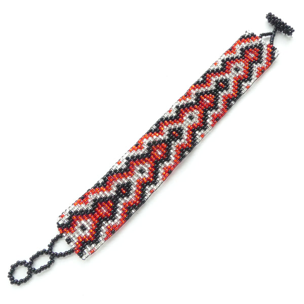 Medium Traditional Bracelets, Red, Silver & Black Diamondback Design, 1" Wide, Adjustable
