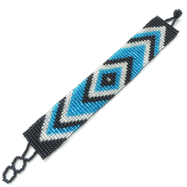 Medium Traditional Bracelet, Silver, Aqua & Black Seed Beads, 1" Wide, Adjustable lengths