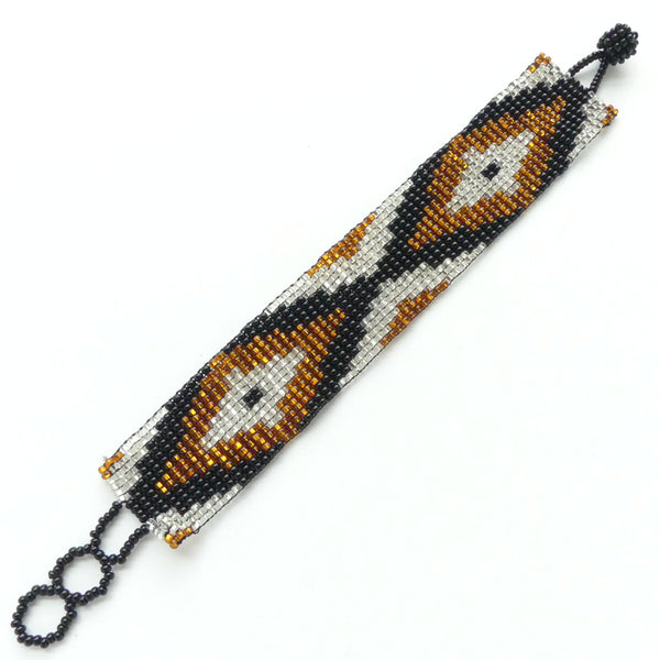 Medium Traditional Bracelet, Silver, Gold & Black Seed Beads, 1" Wide, Adjustable Lengths