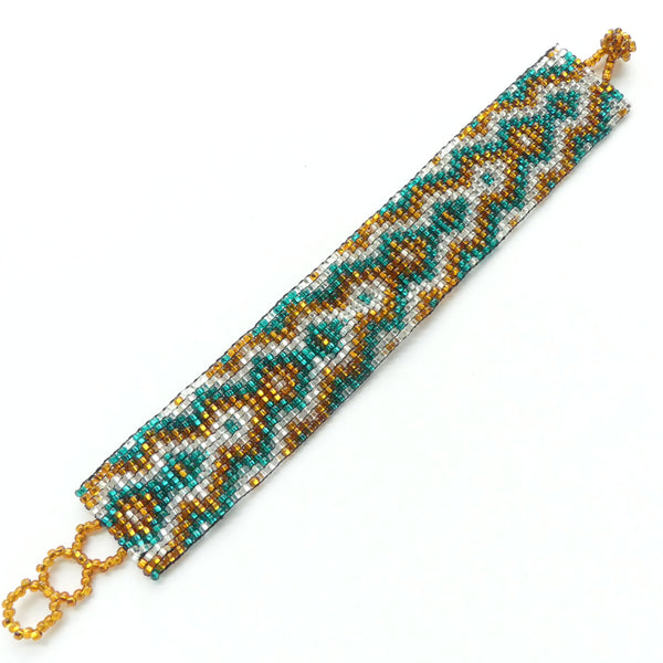 Medium Traditional Bracelet, Silver, Gold & Teal Green Diamond Back Design, 1" wide