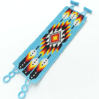 Wide Nativo Bracelet, Turquoise with Diamond/Feathers Design, 2" Wide, Adjustable length