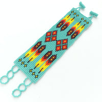 Wide Native Bracelet, Turquoise with Diamonds & Feathers Design, 2" Wide, Adjustable lengths