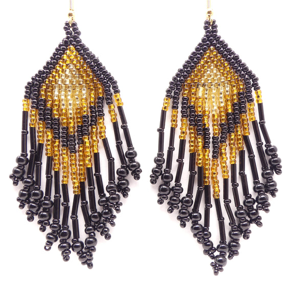 Large Triangle Fringe Earrings, Black with Light & Dark Gold Seed Beads, 4 inches long