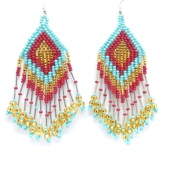 Large Triangle Fringe Earrings, Turquoise, Red & Gold Seed Beads, 4 inches long with earwires