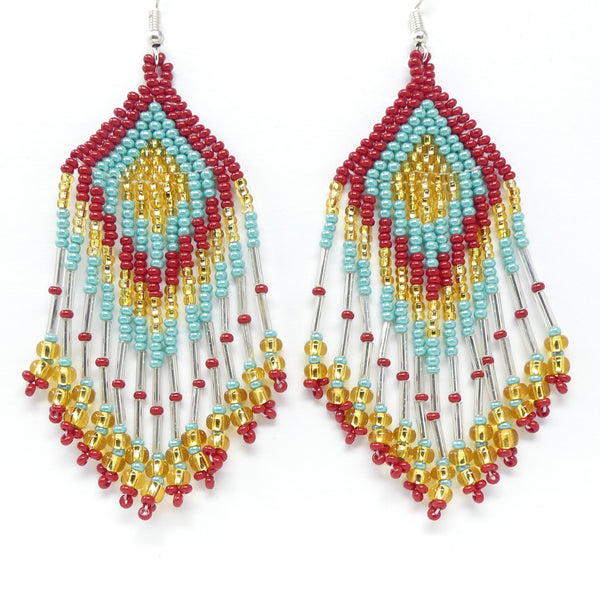 Large Triangle Fringe Earrings, Red, Turquoise & Gold Seed Beads, 4 inches long with wires