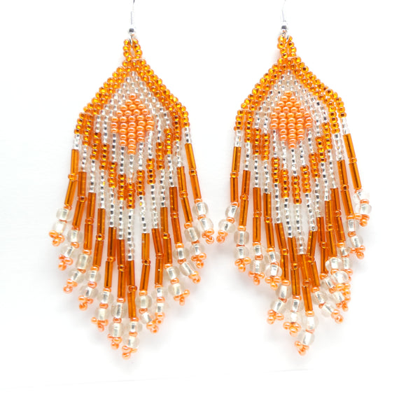 Large Triangle Fringe Earrings, Orange and Silver Seed Beads, 4 inches long with earwires