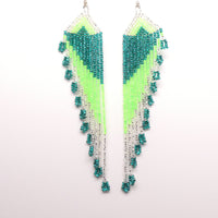 Extra Long Slant Fringe Earrings, Fluorescent Green, Silver & Aqua, 6 inches long