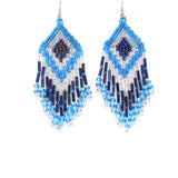 Large Triangle Finge Earrings, Black, Silver & Aqua Seed Beads, 4 inches long with earwires