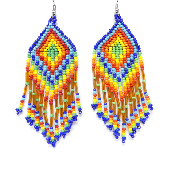 Large Triangle Fringe Earring, Musti-color Opaque Seed Beads, 4 inches long with earwires