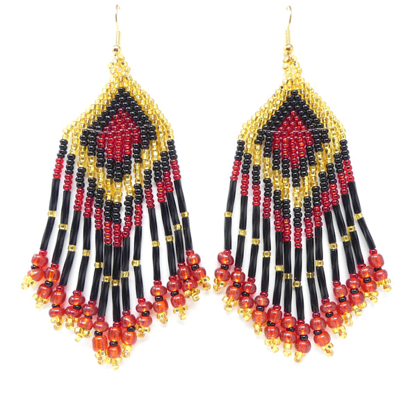 Large Trianlge Fringe Earwires, Red, Black & Gold Seed Beads, 4 inches long with earwires