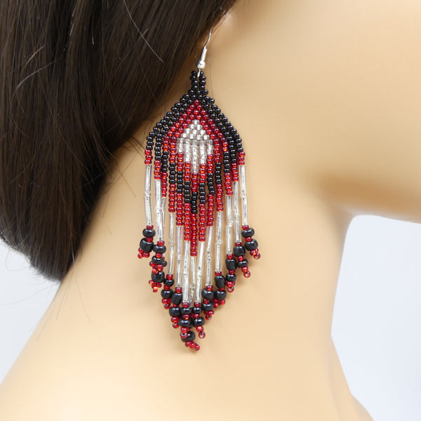 Large Triangle Fringe Earrings, Red, Black & Silver Seed Beads, 4 inches long including wires