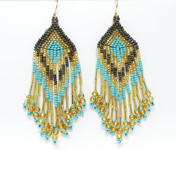 Large Triangle Fringe Earrings, Gold, Bronze & Turquoise Seed Beads, 4 inches long