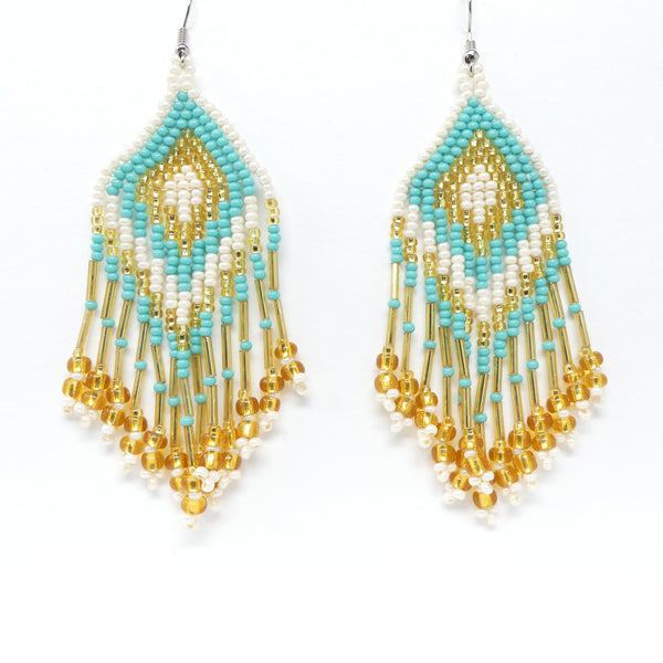 Large Triangle Fringe Earrings, Turquoise, White & Gold Seed Beads, 4 inches long with wires