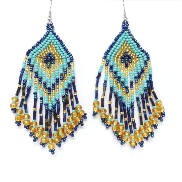 Large Triangle Fringe Earrings, Turquoise, Blue Iris & Silver Seed Beads, 4 inches long