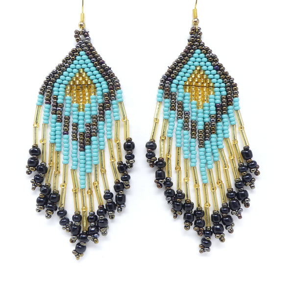 Large Triangle Fringe Earrings, Turquoise, Bronze & Gold Seed Beads, 4 inches long with wires