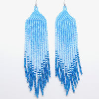 Extra Long Fringe Earrings, Light Blues Flowing into Bright Aqua, 5 inches long