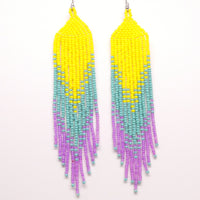 Extra Long Fringe Earrings, Yellow, Turquoise & Pink Lined, 5 inches long