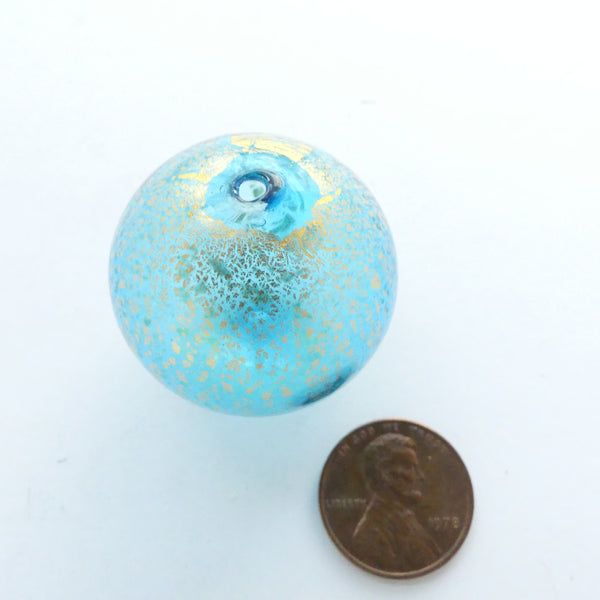 Contempo Murano Hollow Beads, Aqua with Gold Leaf, 32mm Diameter