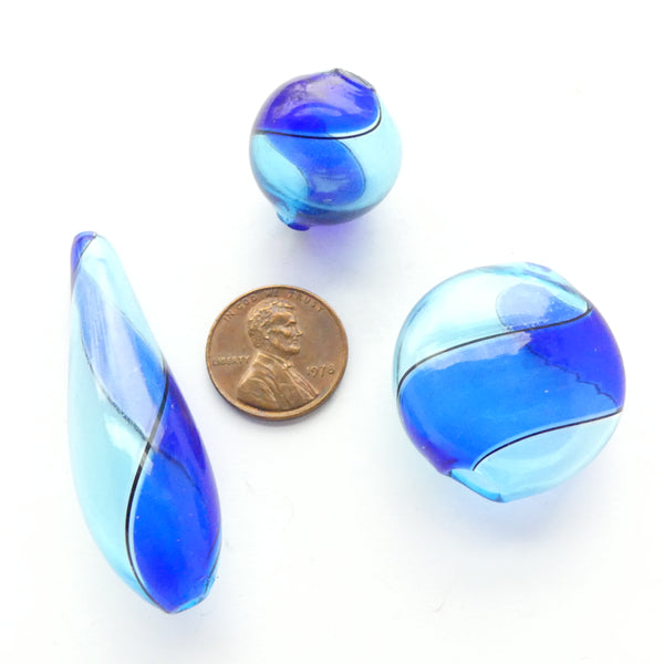 Contempo Murano Hollow Glass Beads, Collector Set of 3 Shapes in Blue & Aqua