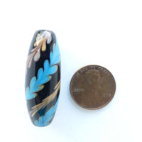 Jim Smircich, Long Black Oval with Turquoise and Amber Feathering, 35x14mm