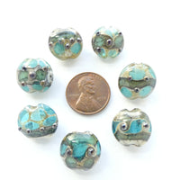 Lampworked Lentils,  Sea and Rocky Shore Designs, 15mm Diameter, Set of 7