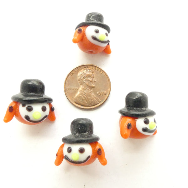Halloween Beads, Pumpkin Grinning Face with Hat, 15mm Tall, Set of 4