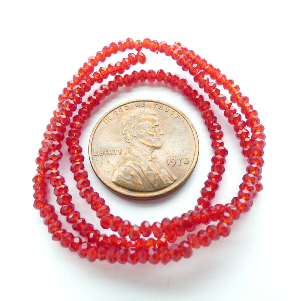 Faceted Glass, "Dragon Crystal" 1x2mm, Translucent Red on 16-inch Strands