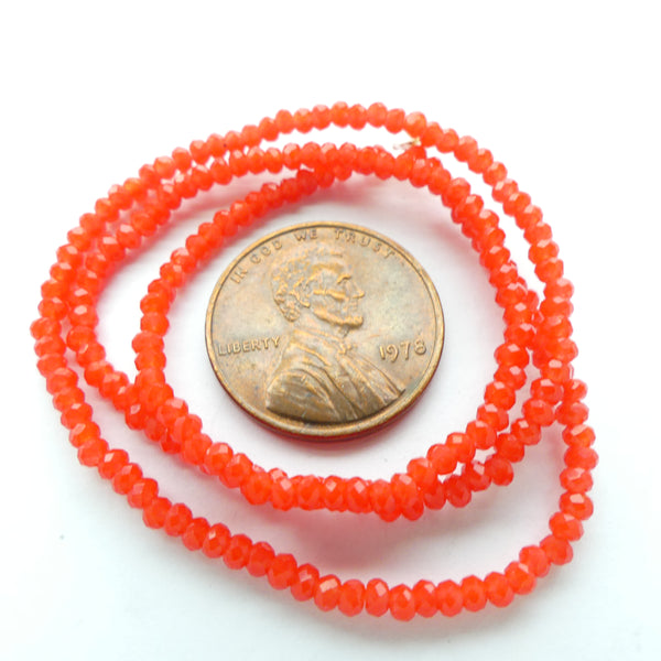 Faceted Glass, "Dragon Crystal" 1x2mm, Opaque Tomato Red on 12-inch Strands