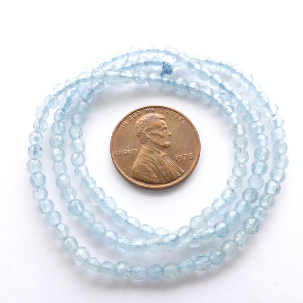 Aquamarine, Faceted Round 3mm Beads on 16-inch Strand