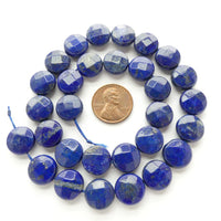 Lapis Lazuli, Coin, Faceted Puffy Beads, 12mm Diameter on 16-inch Strand