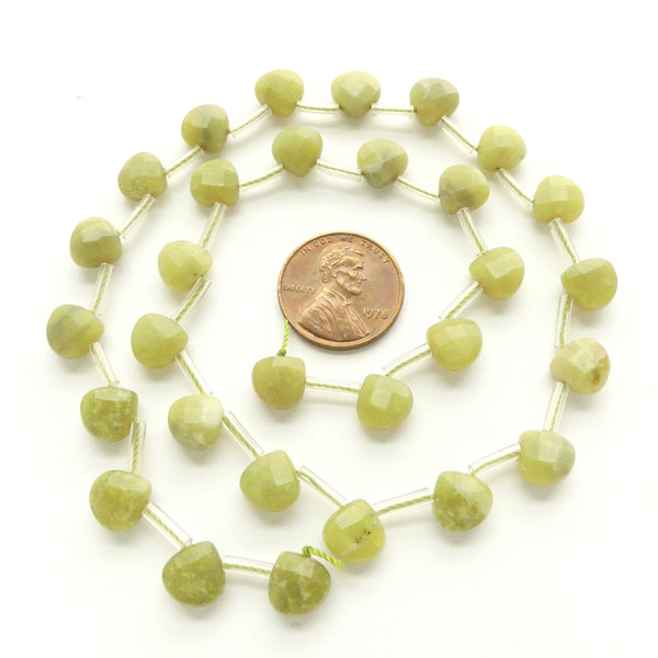 Olive Jade, Faceted Small Briolettes, 8x8mm on 16-inch Strands