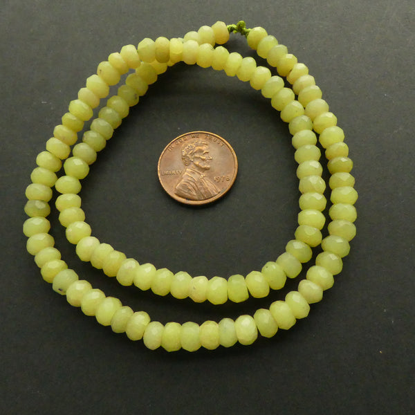 Olive Jade, Faceted, Matte Rondelles, 4x6mm on 16-inch Strand