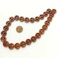 Magnesite Dyed Brown, Peace Sign 15mm Diameter on 16-inch Strands