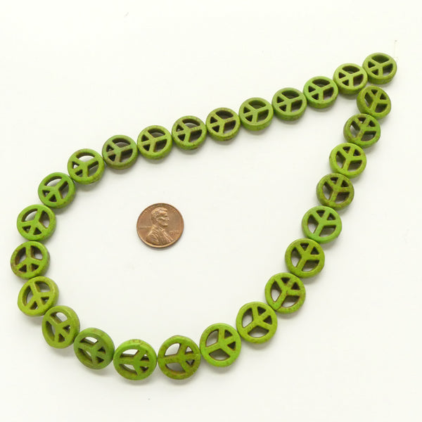 Magnesite Dyed Green, Peace Signs 15mm on 16-inch Strands